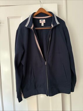 Lands' End Men’s Navy Zip-Up Sweatshirt with Striped Trim